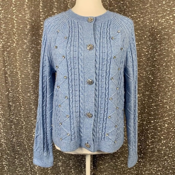 Talbots Sweaters - Talbots‎ Blue Crystal Beaded Crewneck Cardigan Knit Preppy Chic Women's L